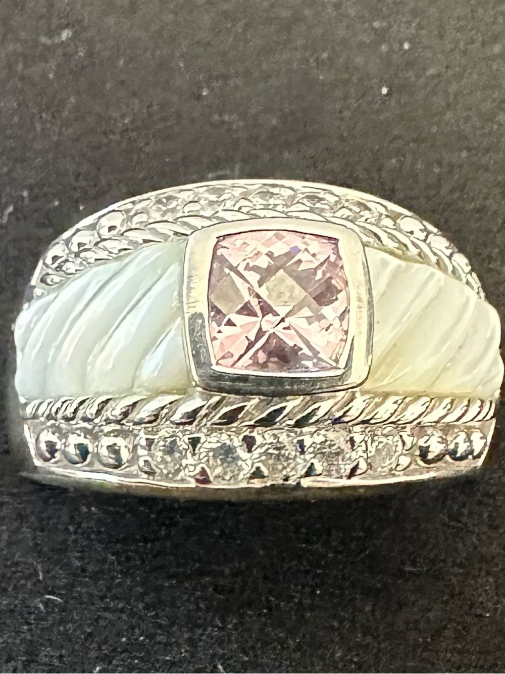 Judith Ripka 925 Sterling Silver Mother of Pearl Pink Stone Dome Ring 8